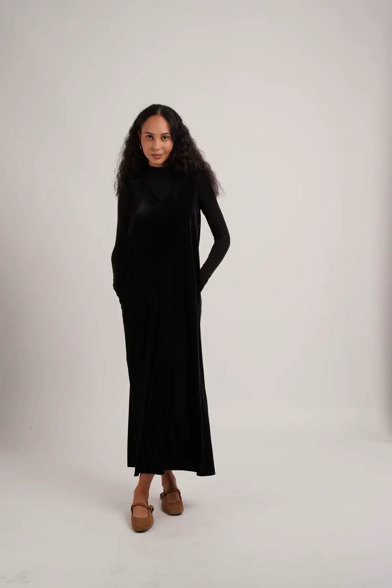 Women's V neck velvet midi jumper dress, full length view, with long sleeves and flowing silhouette — 3 — view 7