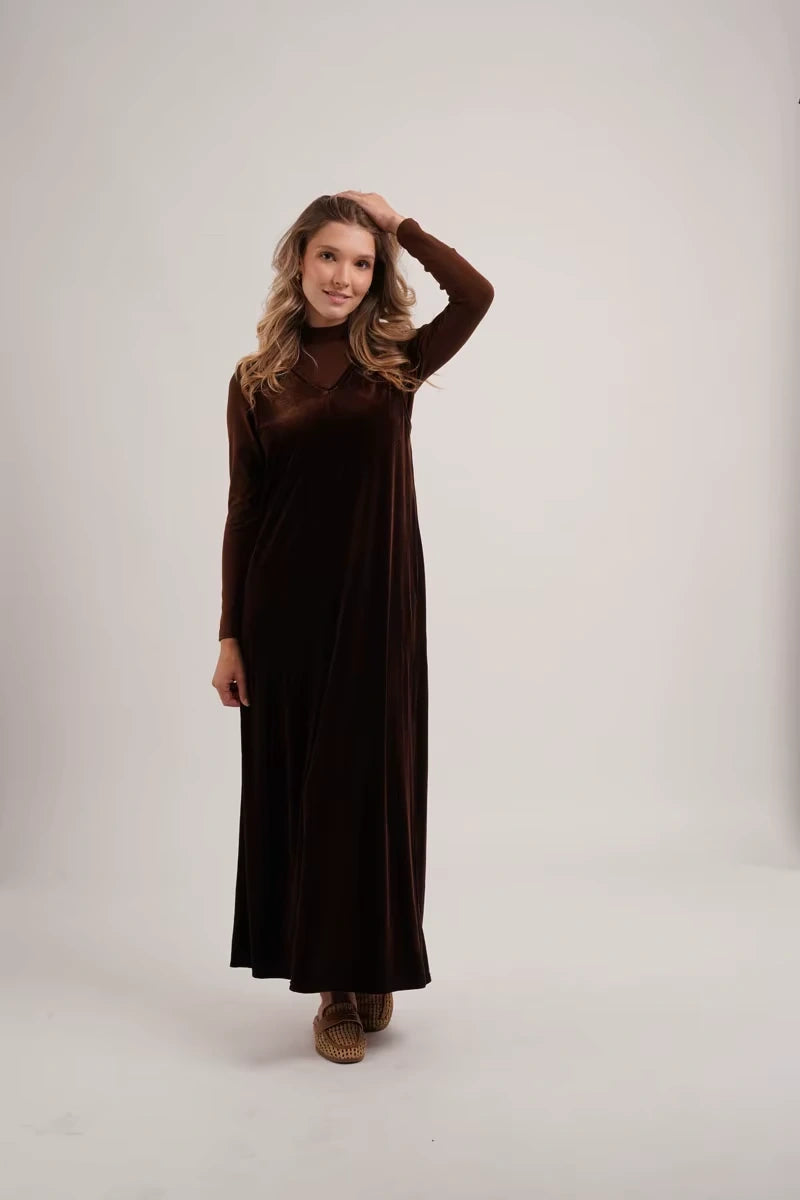 Women's V neck velvet midi jumper dress with long sleeves, full length view — 5 — view 9