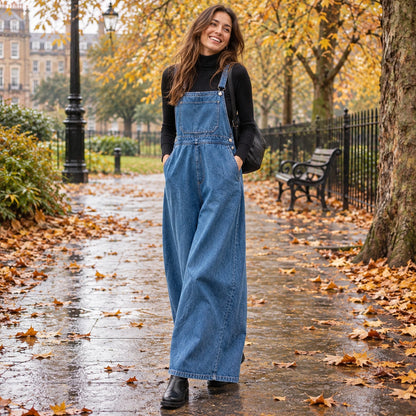 Women's V Neck Zip Detail Midi Jumper Dress in Blue Denim, worn by a happy model UK autumn setting
