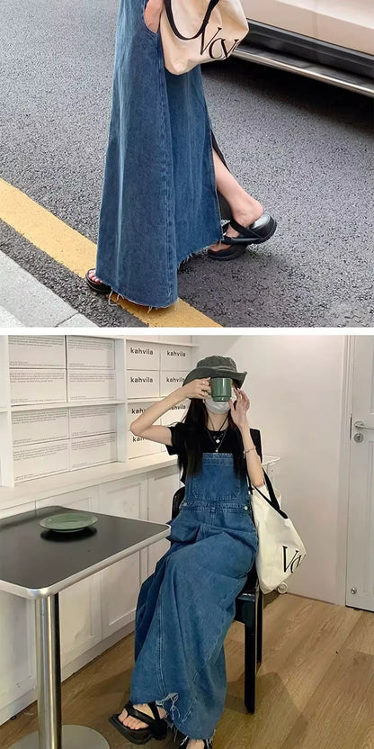 Denim midi jumper dress with zip detail, shown in casual outdoor and indoor settings — view 12 — view 13