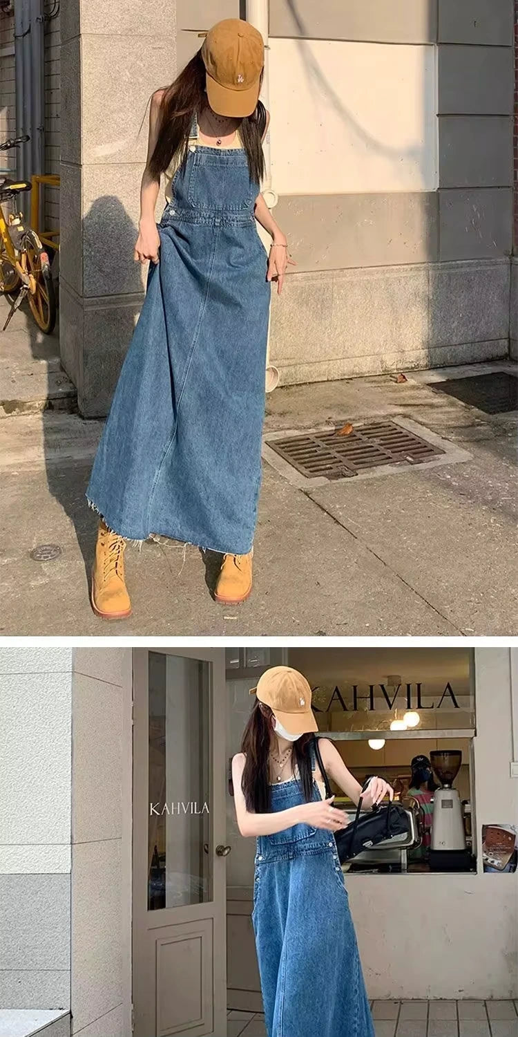 Denim midi jumper dress with zip detail, worn outdoors boots and cap — view 15 — view 16