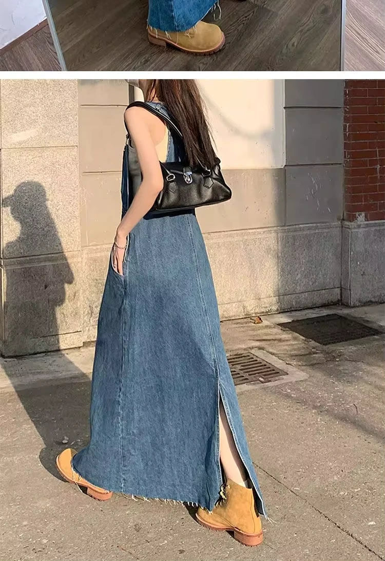 Denim V neck midi jumper dress with zip detail and side slit, outdoor setting — view 18 — view 19