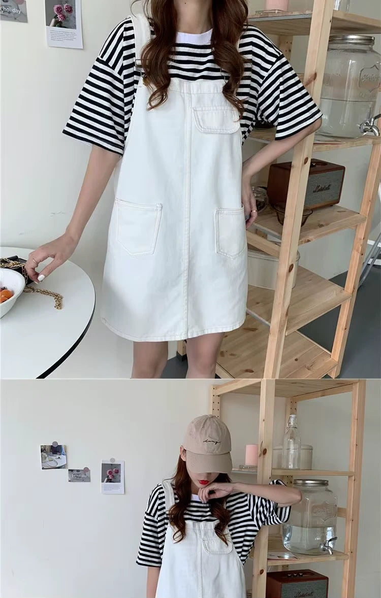 Midi jumper dress — White with V neck and zip detail, worn over a striped shirt — view 19 — view 20