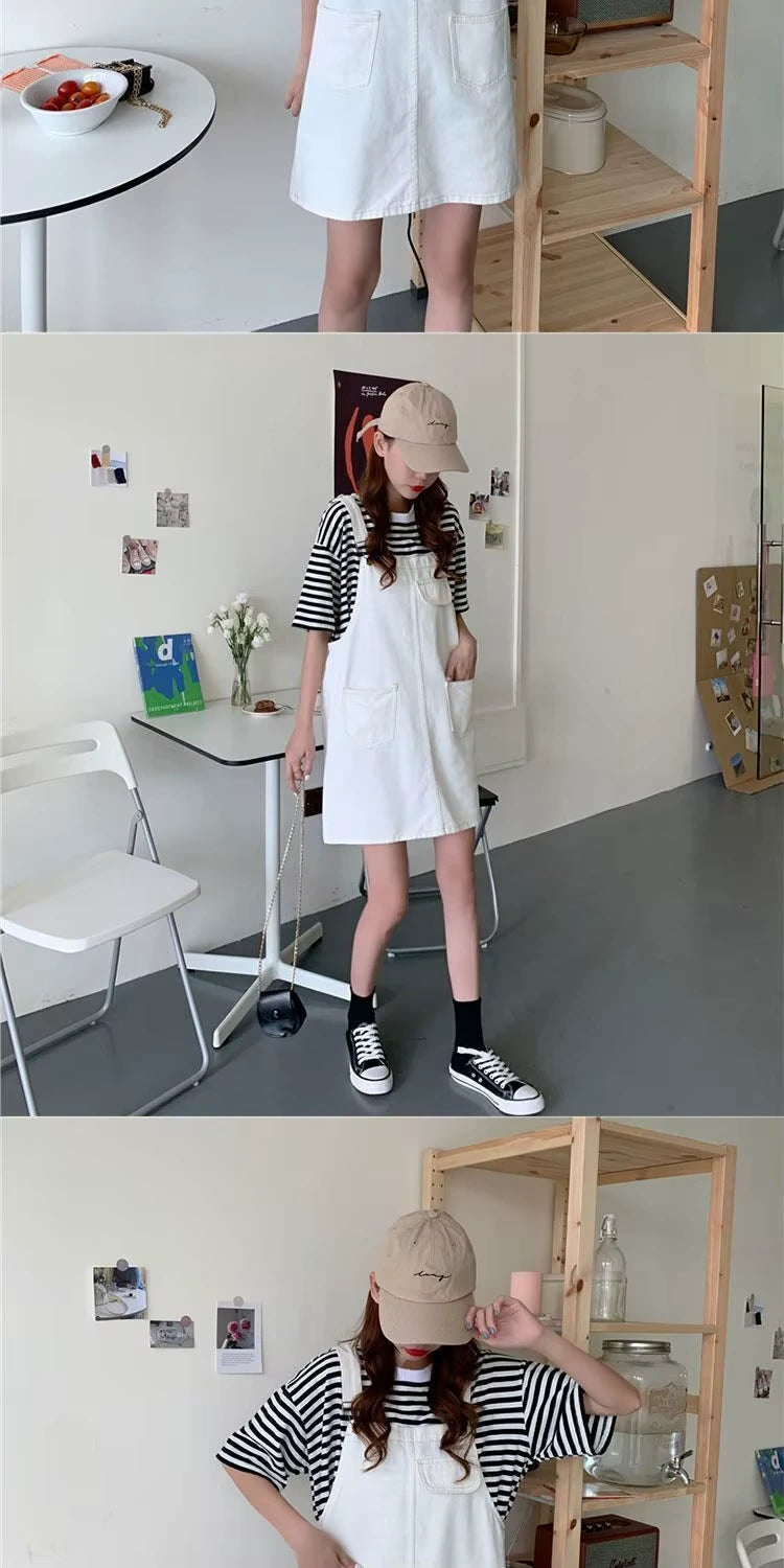 Midi jumper dress — White with zip detail and v neck, paired a striped top cap — view 20 — view 21