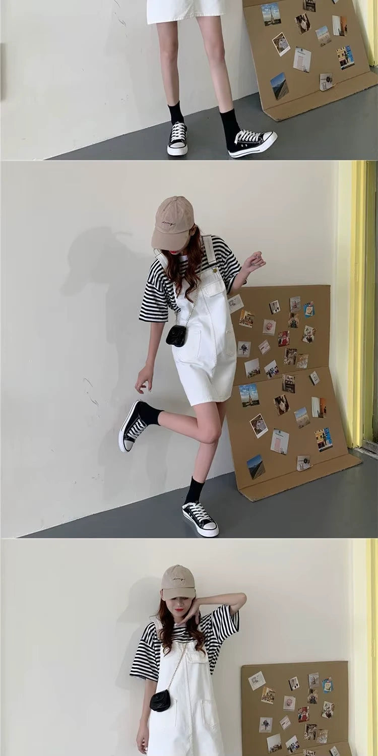 Midi jumper dress — White with zip detail and V neck, paired a striped top cap — view 22 — view 23