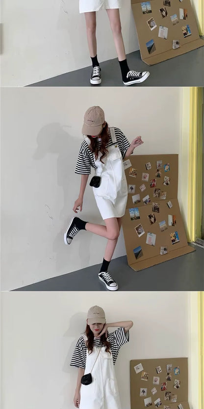 Midi jumper dress — White with zip detail and V neck, paired a striped top cap — view 22 — view 23
