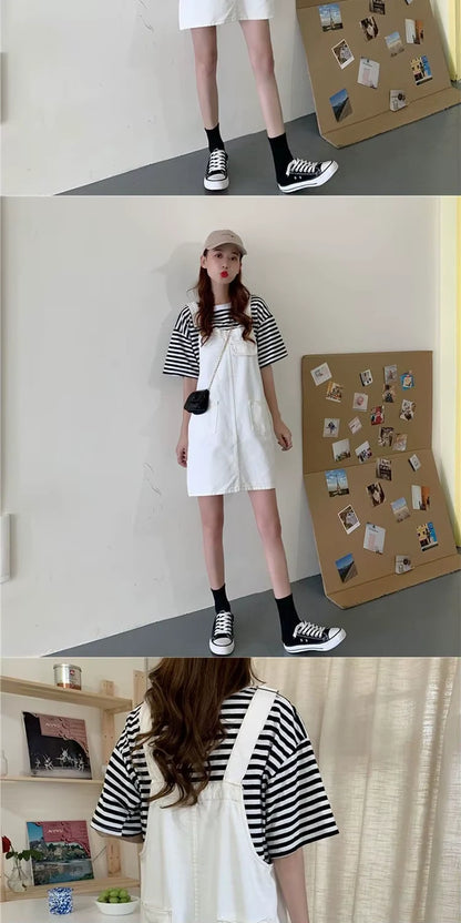 Midi jumper dress — White with zip detail and V neck, paired a striped top — view 23 — view 24