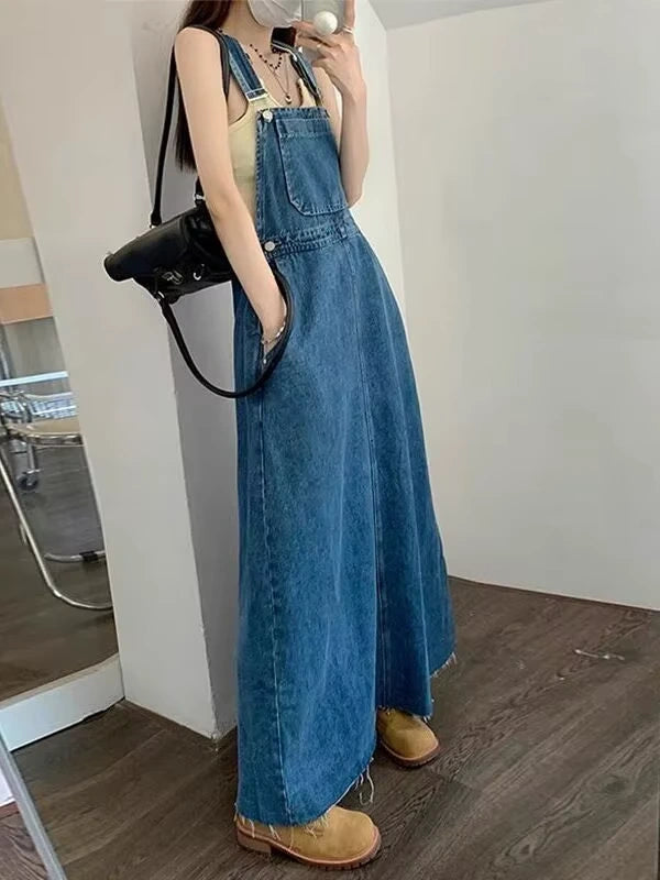 Midi jumper dress — Denim overall with adjustable straps and side pockets, worn tan boots — view 4 — view 5