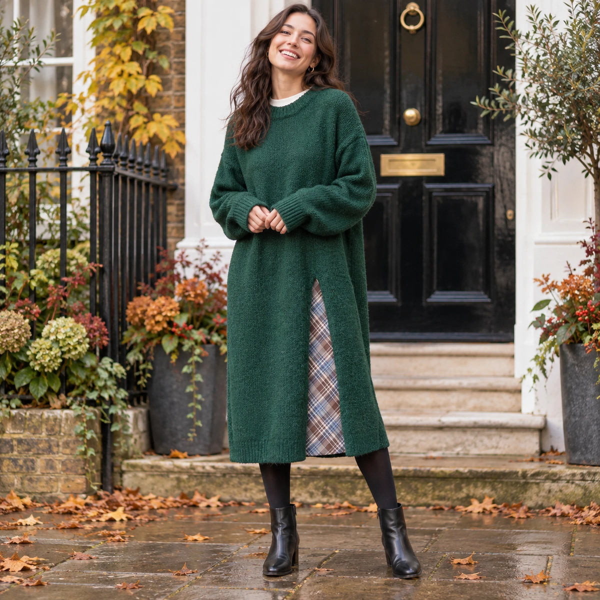 Womens Loose Fit Knitted Midi Jumper Dress in Dark Green, worn by a happy model UK autumn setting
