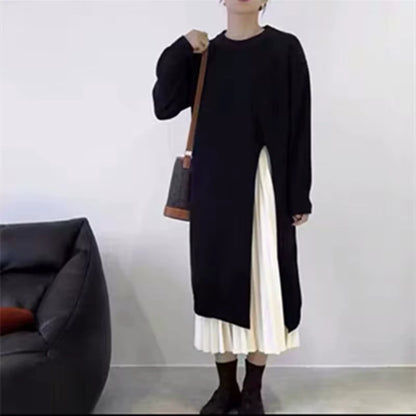 Black loose fit knitted midi jumper dress with side slit and white pleated underlayer — view 6 — view 10