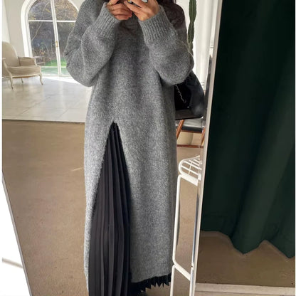 Grey loose fit knitted midi jumper dress with a side slit, indoor setting — view 7 — view 11