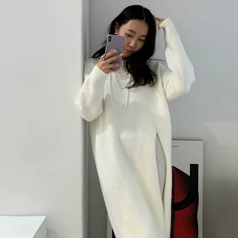 White loose fit knitted midi jumper dress with long sleeves, worn — view 8 — view 12