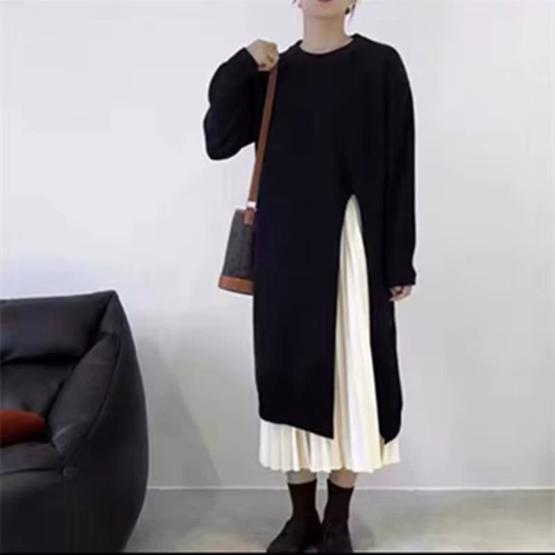 Black knitted midi jumper dress with white pleated skirt detail, full view — 9 — view 13