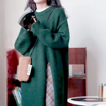 Green loose fit knitted midi jumper dress with long sleeves, worn — view 10 — view 14