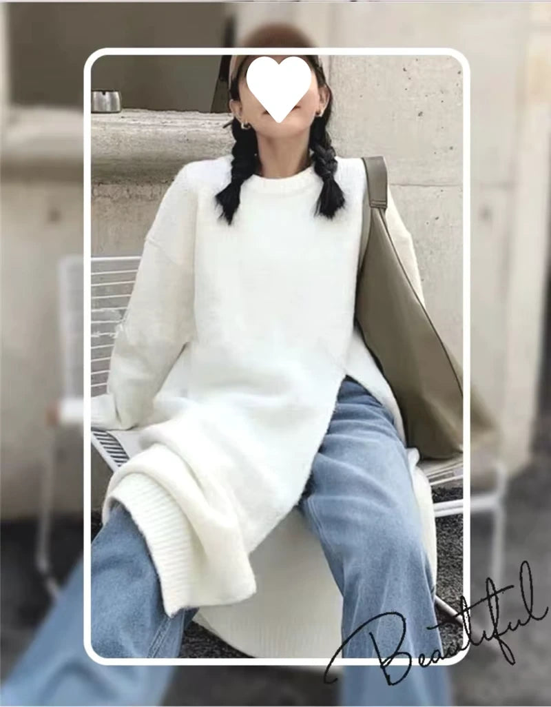 White loose fit knitted midi jumper dress with long sleeves, paired casual jeans — view 12 — view 16