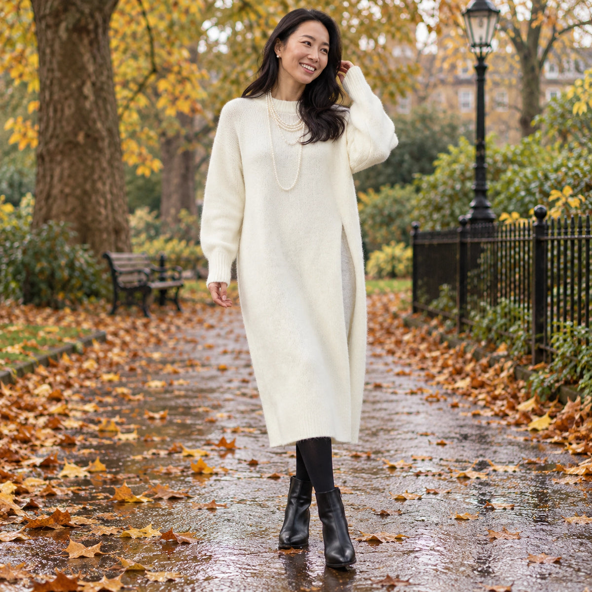 Womens Loose Fit Knitted Midi Jumper Dress in Cream, worn by a happy model UK autumn setting — view 4