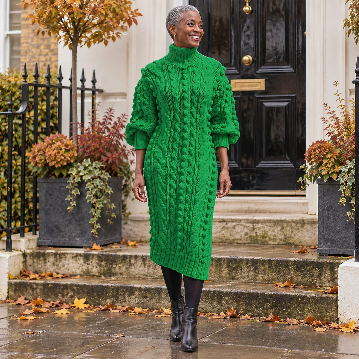 Womens Ribbed Turtleneck Midi Jumper Dress in Green, worn by a happy model UK autumn setting