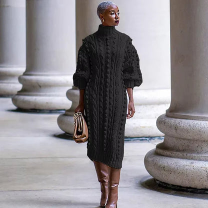 Black ribbed turtleneck midi jumper dress with cable knit design, worn brown boots — view 5 — view 10