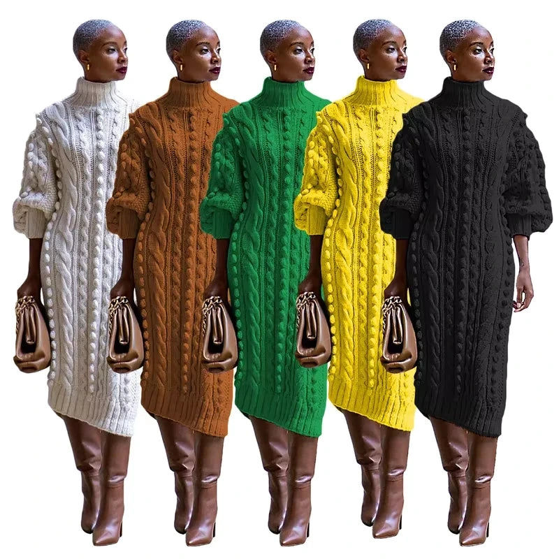 Women's ribbed turtleneck midi jumper dress in four colours, featuring long sleeves and cable knit design — view 6 — view 11
