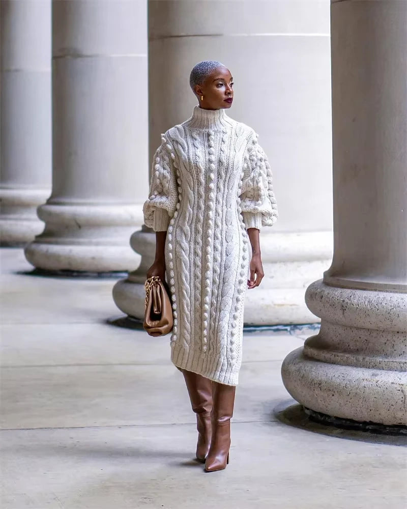 Cream ribbed turtleneck midi jumper dress with textured knit pattern and long sleeves — view 12 — view 17