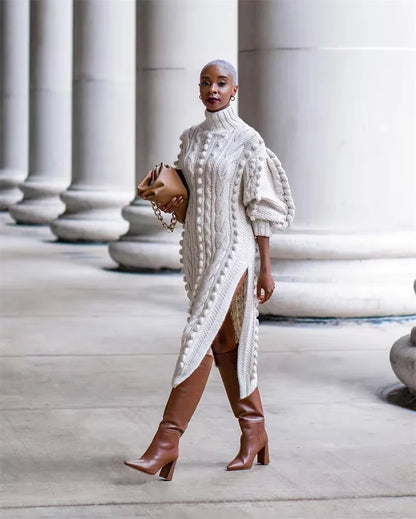 Cream ribbed turtleneck midi jumper dress with cable knit design and long sleeves — view 13 — view 18