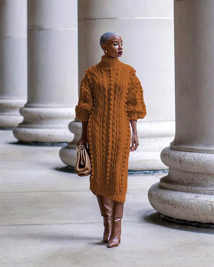 Rust coloured ribbed turtleneck midi jumper dress with cable knit design, worn knee high boots — view 14 — view 19