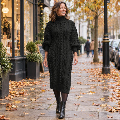 Womens Ribbed Turtleneck Midi Jumper Dress in Black, worn by a happy model UK autumn setting — view 2