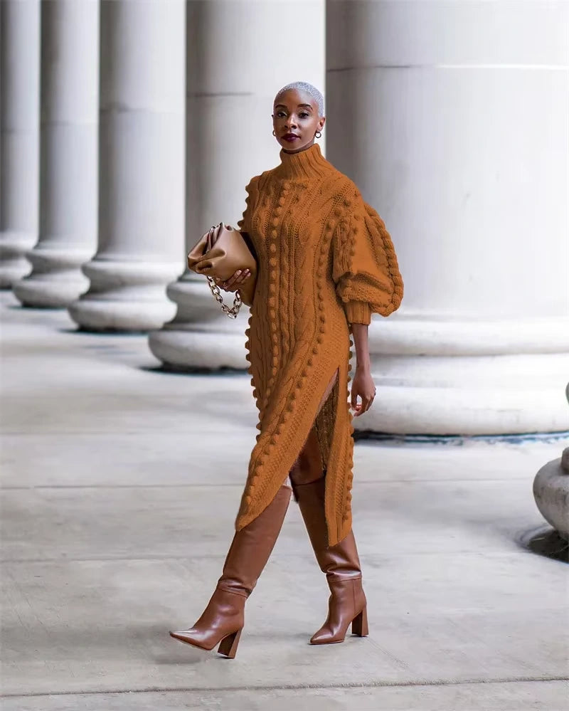 Brown ribbed turtleneck midi jumper dress with long sleeves and textured knit pattern — view 15 — view 20