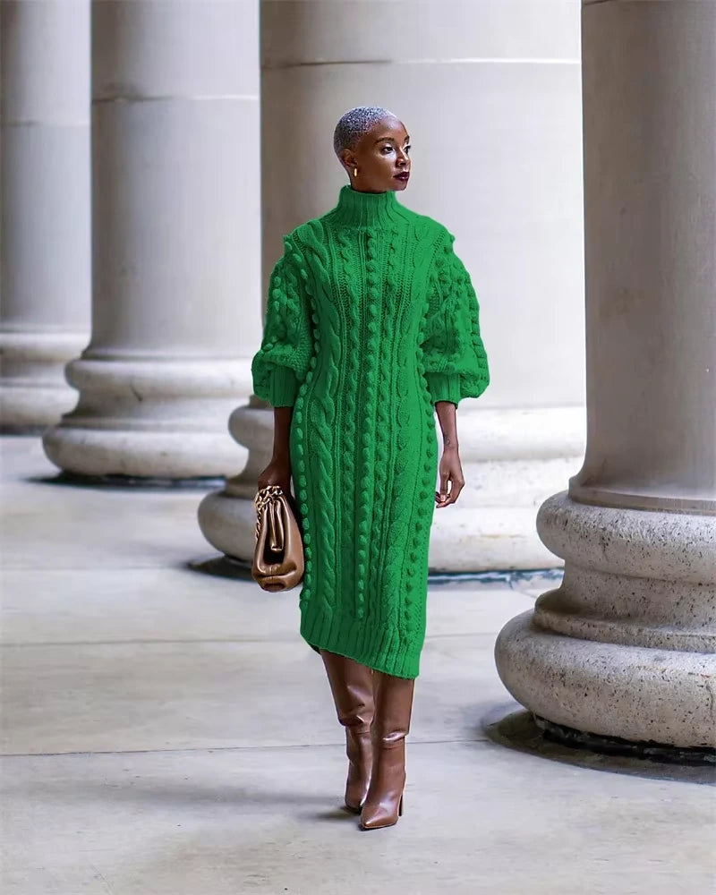 Green ribbed turtleneck midi jumper dress with cable knit design, worn outdoors — view 16 — view 21