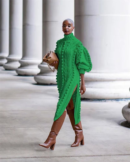 Green ribbed turtleneck midi jumper dress with puff sleeves and side slit — view 17 — view 22