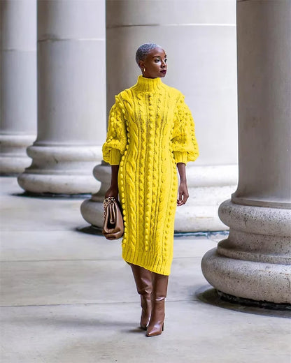 Yellow ribbed turtleneck midi jumper dress with cable knit design, worn brown boots — view 18 — view 23