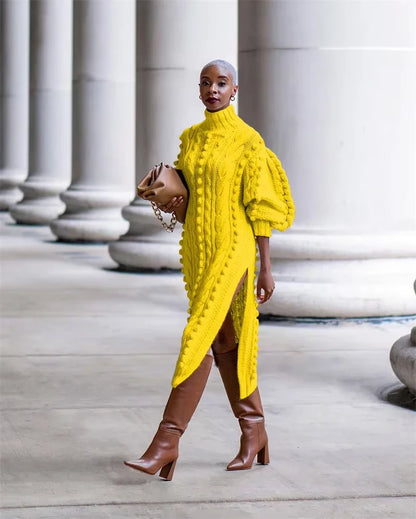 Yellow ribbed turtleneck midi jumper dress with puff sleeves and side slit — view 19 — view 24