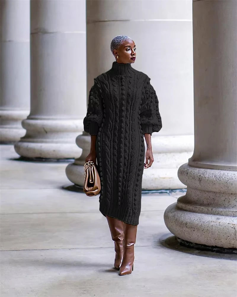 A ribbed turtleneck midi jumper dress with cable knit design, worn knee high boots — view 20 — view 25