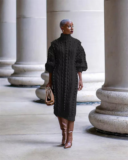 A ribbed turtleneck midi jumper dress with cable knit design, worn knee high boots — view 20 — view 25