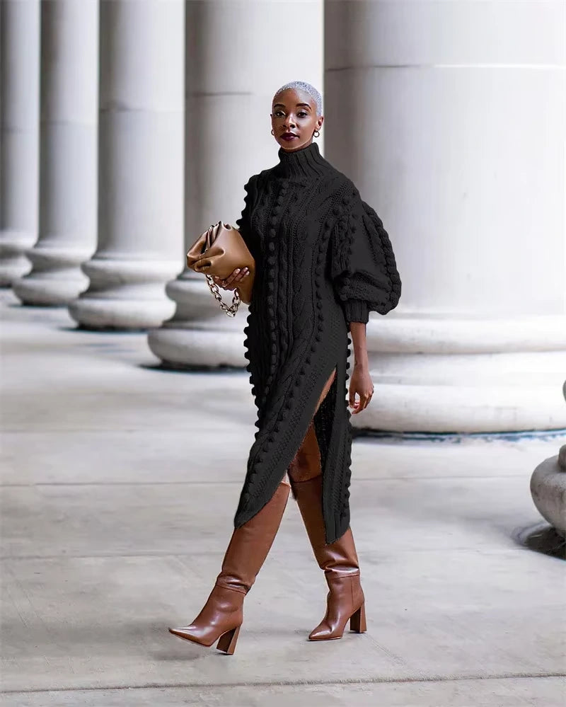 Black ribbed turtleneck midi jumper dress with long sleeves and side slit, outdoor setting — view 21 — view 26