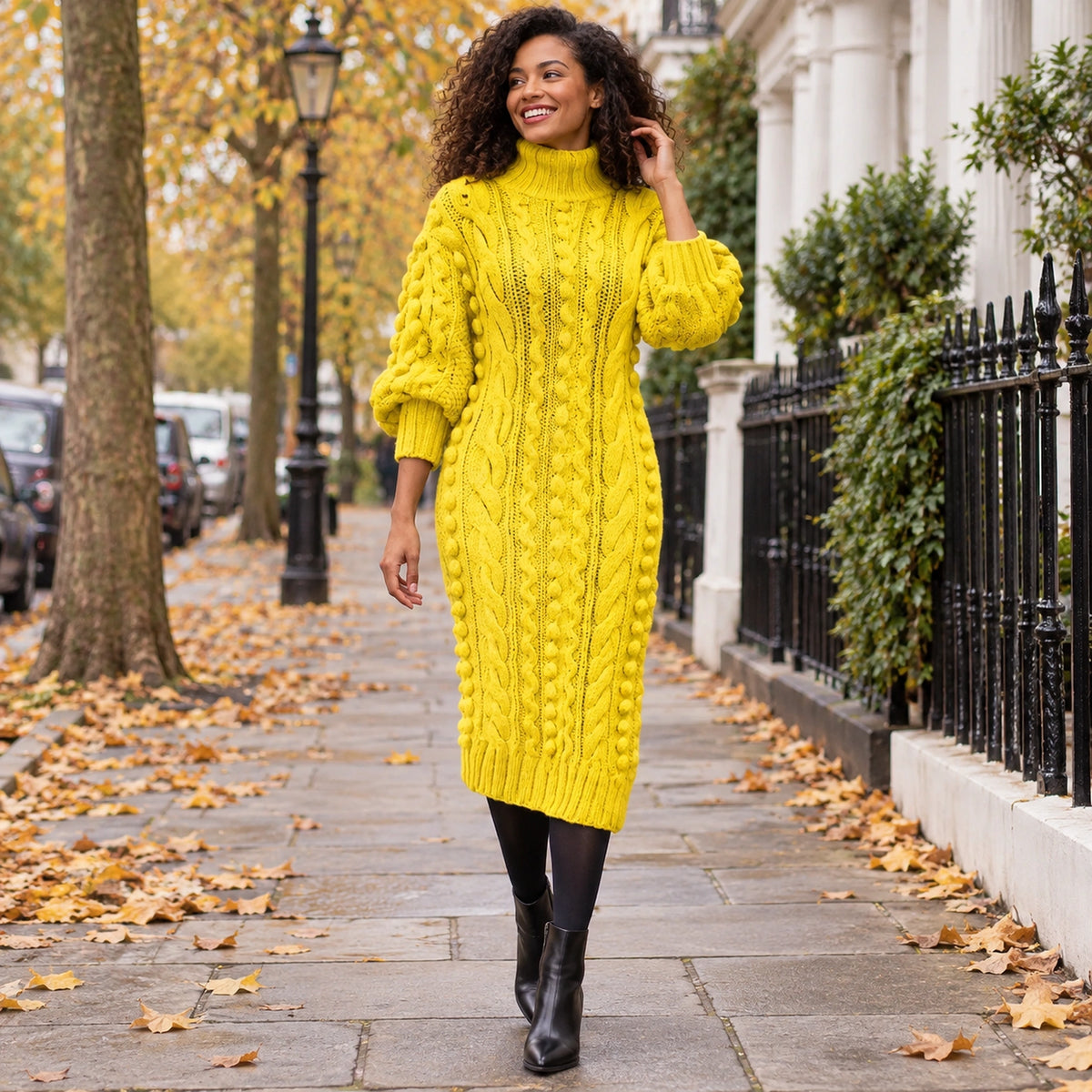Womens Ribbed Turtleneck Midi Jumper Dress in Yellow, worn by a happy model UK autumn setting — view 3