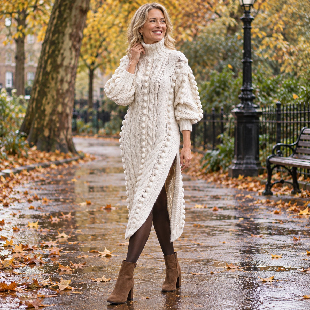 Womens Ribbed Turtleneck Midi Jumper Dress in Cream, worn by a happy model UK autumn setting — view 4