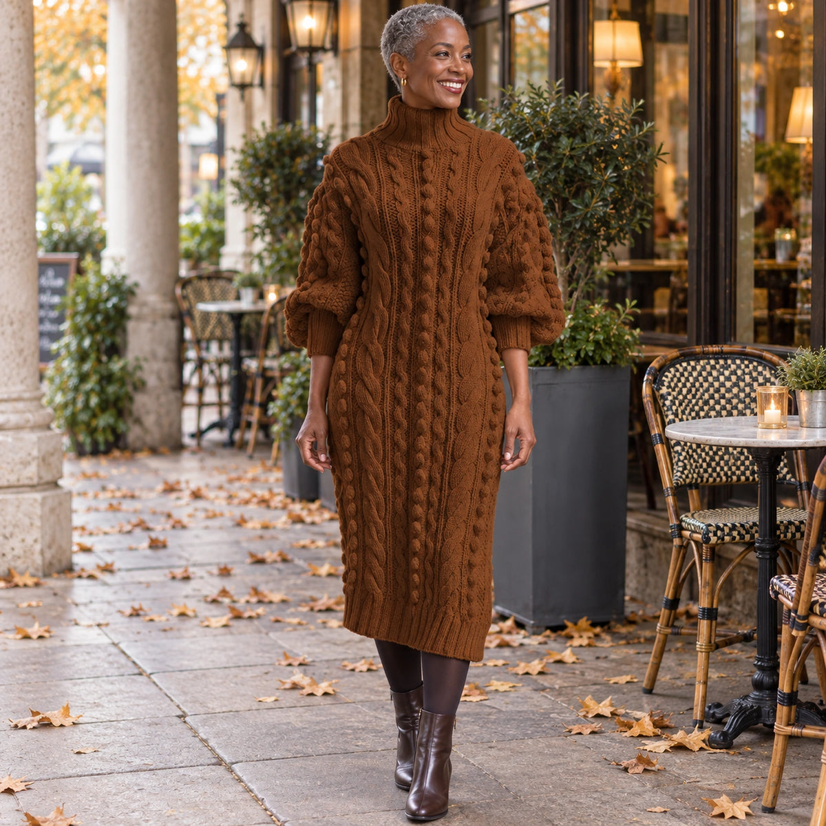 Womens Ribbed Turtleneck Midi Jumper Dress in Dark Brown, worn by a happy model UK autumn setting — view 5