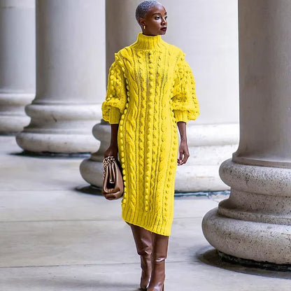 Yellow ribbed turtleneck midi jumper dress with cable knit design, worn brown knee high boots — view 6