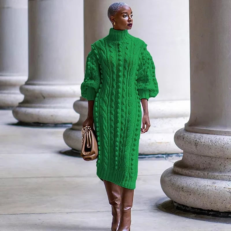 Green ribbed turtleneck midi jumper dress with puff sleeves, worn outdoors — view 2 — view 7