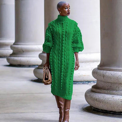 Green ribbed turtleneck midi jumper dress with puff sleeves, worn outdoors — view 2 — view 7