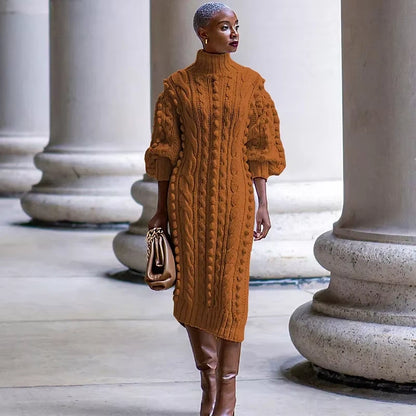 Woman wearing a ribbed turtleneck midi jumper dress with cable knit design, standing outdoors — view 3 — view 8