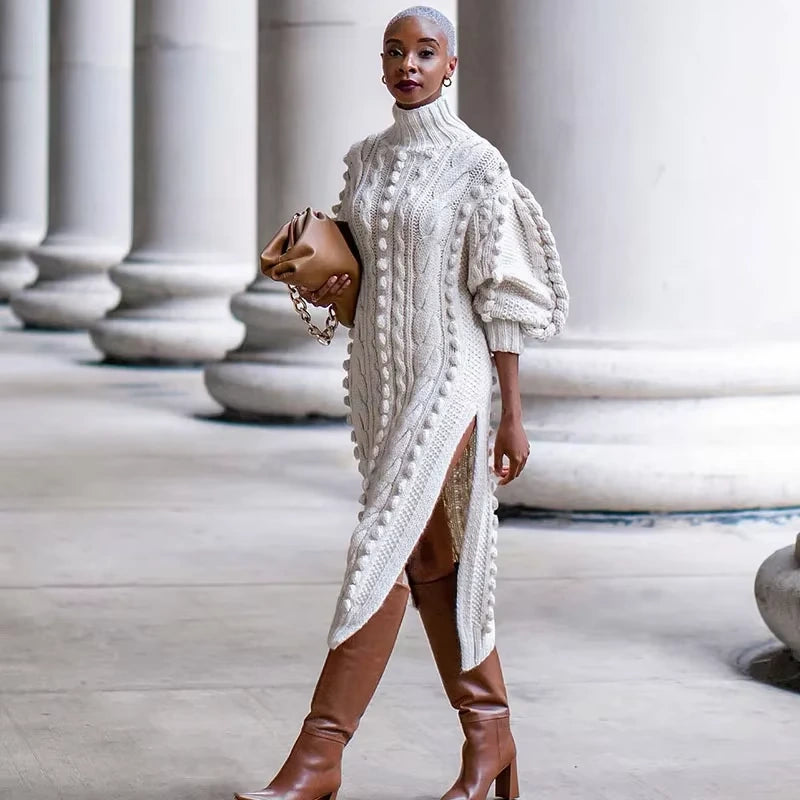 Cream ribbed turtleneck midi jumper dress with puff sleeves and side slit — view 4 — view 9