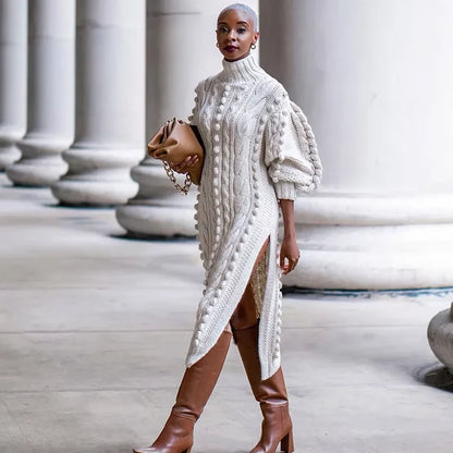Cream ribbed turtleneck midi jumper dress with puff sleeves and side slit — view 4 — view 9
