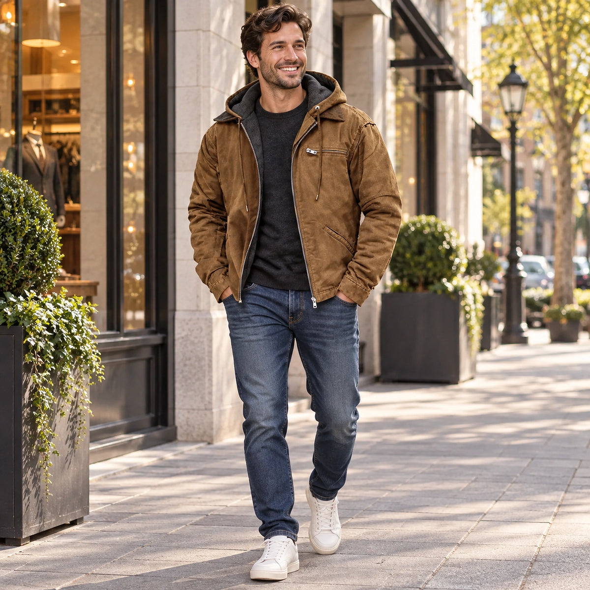 Happy adult model wearing the full Brown Nathan Mens Hooded High Loft Puffer Coat on a cool UK autumn street — view 10
