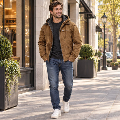 Happy adult model wearing the full Brown Nathan Mens Hooded High Loft Puffer Coat on a cool UK autumn street — view 10