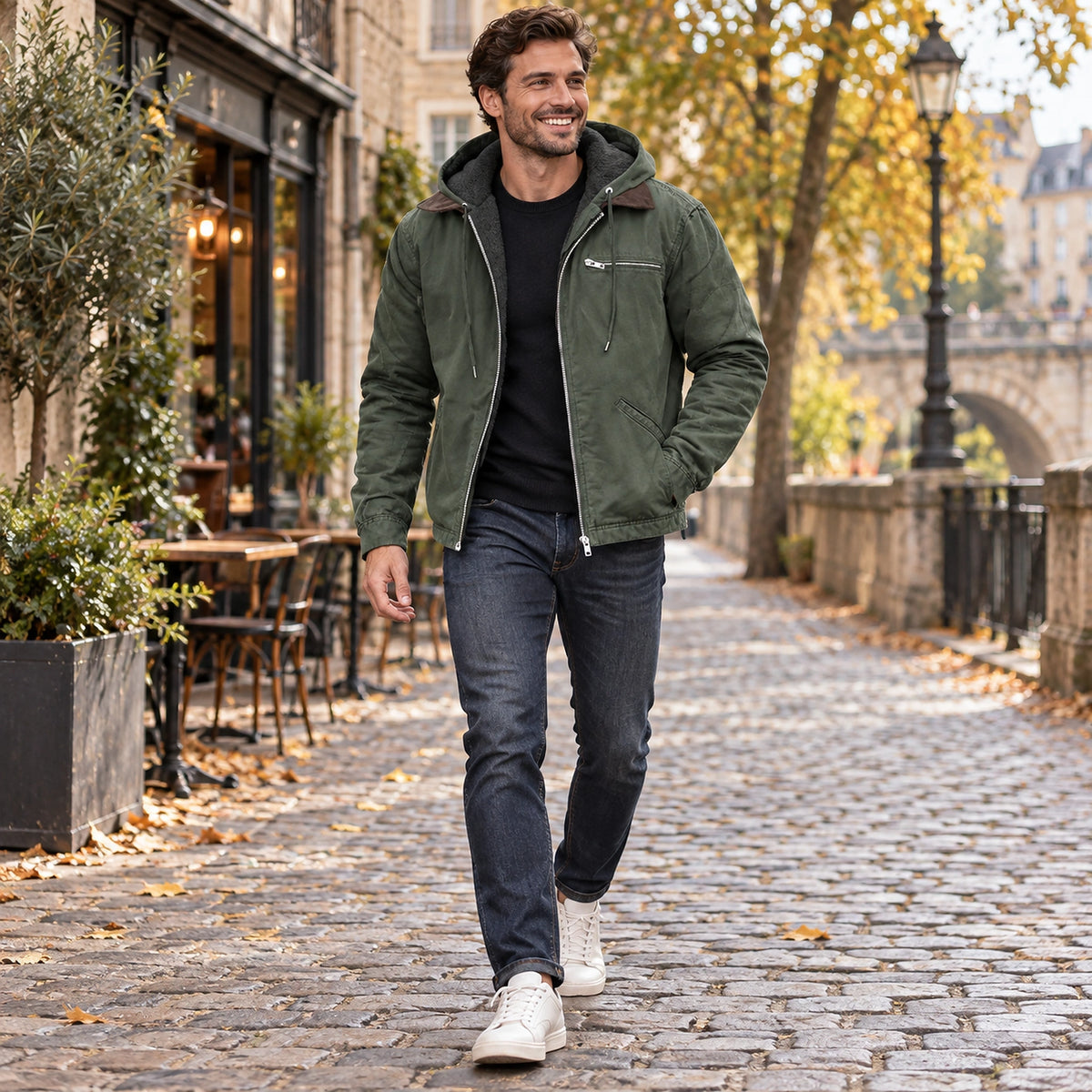 Happy adult model wearing the full Green Nathan Mens Hooded High Loft Puffer Coat on a cool UK autumn street — view 12