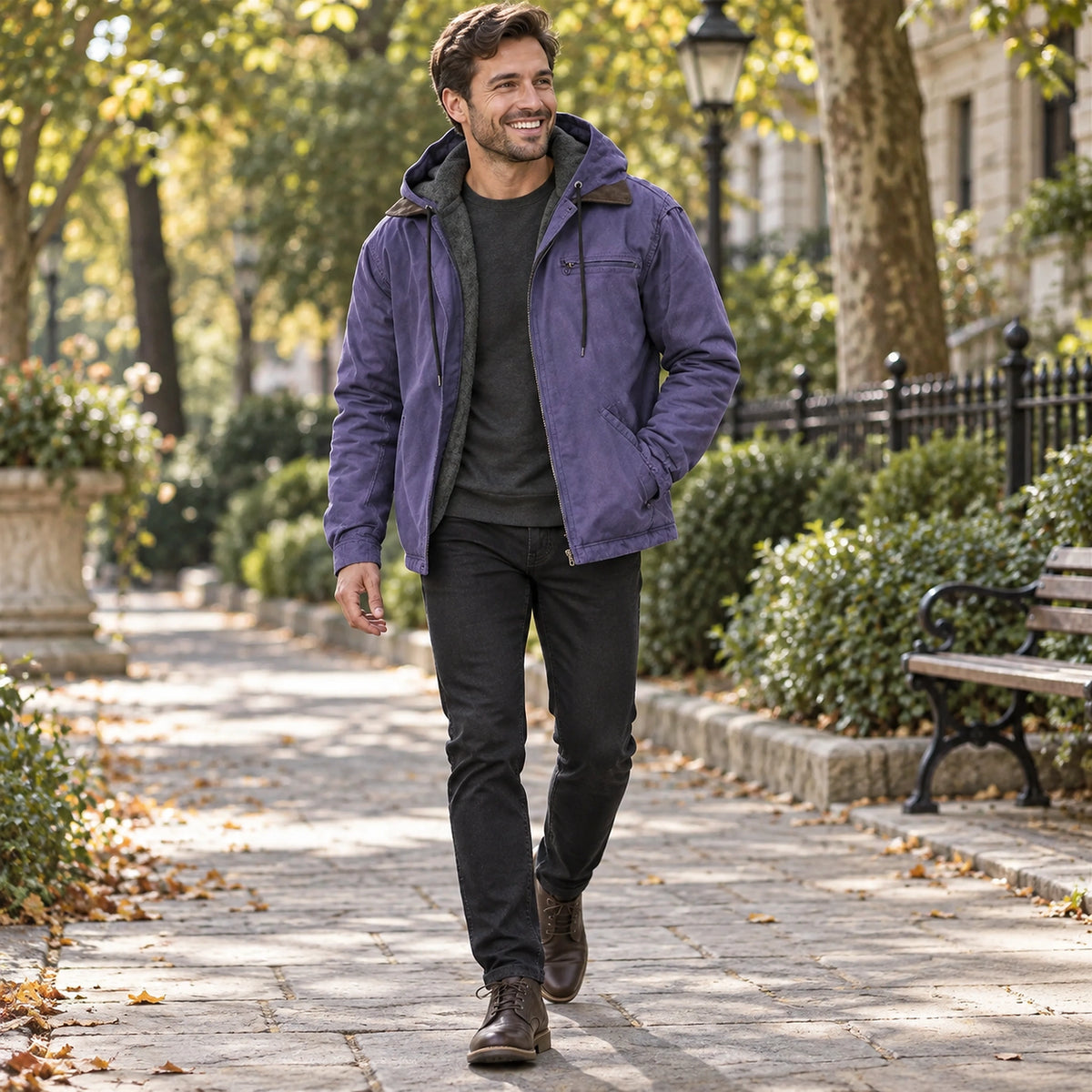 Happy adult model wearing the full Purple Nathan Mens Hooded High Loft Puffer Coat on a cool UK autumn street — view 14