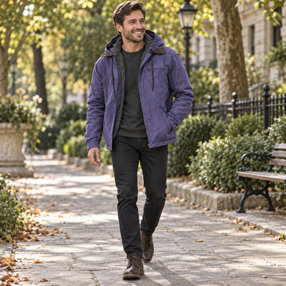 Happy adult model wearing the full Purple Nathan Mens Hooded High Loft Puffer Coat on a cool UK autumn street — view 14