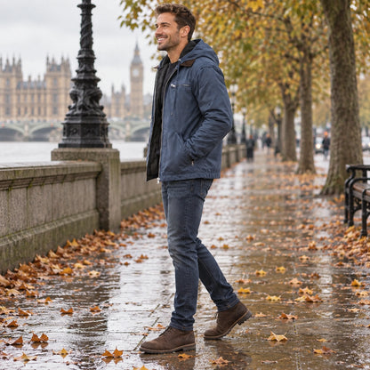 Side full length view of the Navy Blue garment worn by a happy adult model in cool UK autumn setting — view 15